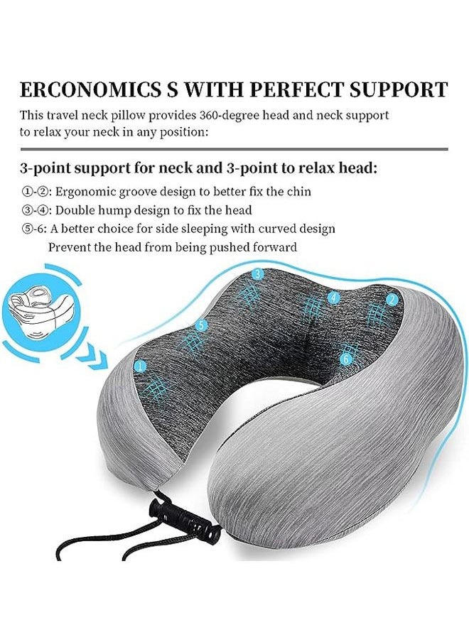 Arabest Travel Pillow 100% Memory Foam Pillow, Neck Pillow for Airplane, Neck & Head Support Pillow for Sleeping Rest & Car, Travel Pillows Kit with Storage Bag, Sleep Mask and Earplugs （Grey）  - Image 2