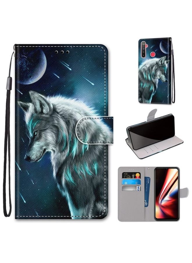 HuHa Case Cover For Realme 5 / 5s / 5i / C3 / C3i / 6i / Narzo10 / 10A / 20A Coloured Drawing Cross Texture Horizontal Flip PU Leather Case with Holder & Card Slots & Wallet & Lanyard Pensive Wolf 