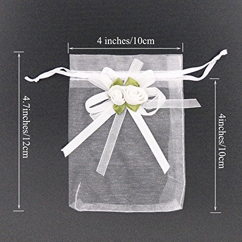 SumDirect Rose Organza Gift Bags - 50Pcs 4x5 inch White Wedding Favor Gift Bags, Jewelry Pouches with Drawstring for Party Wedding Christmas Valentine - Image 2