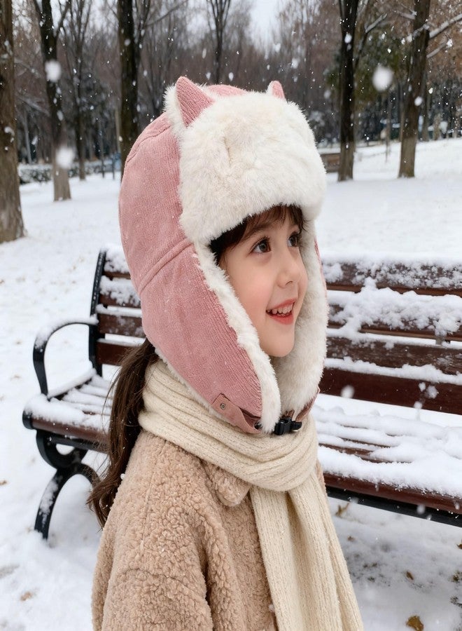 PURFUN Kids Fuzzy Faux Fur Trapper Hats with Cat Ear, Girls Boys Warm Cozy Earflap Hats Ushanka Russian Hat Windproof Thermal Winter Camping Cycling Ski Full Hood Hats Skull Caps for 3-8 Yrs Pink - Image 2