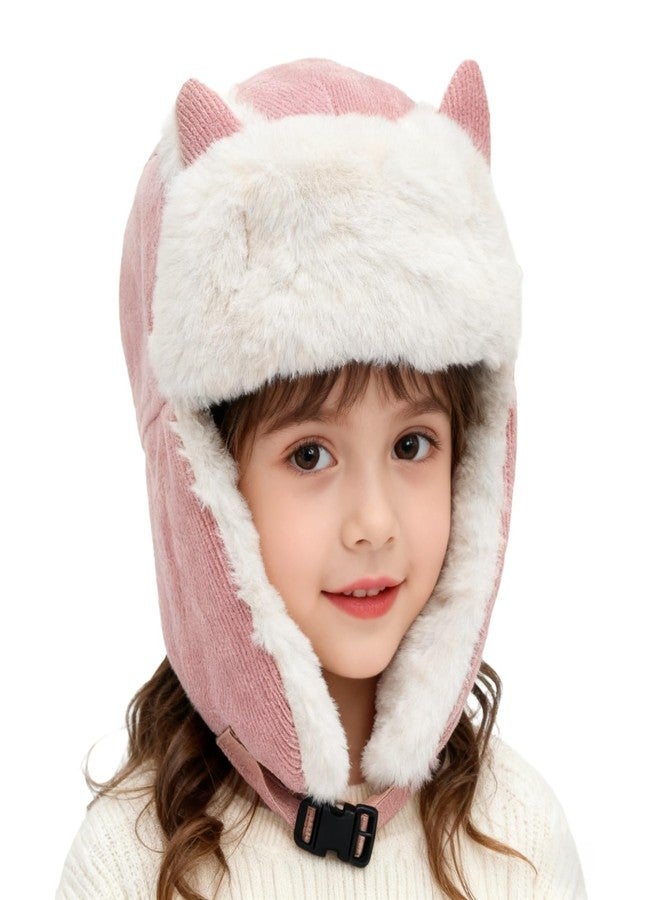 PURFUN Kids Fuzzy Faux Fur Trapper Hats with Cat Ear, Girls Boys Warm Cozy Earflap Hats Ushanka Russian Hat Windproof Thermal Winter Camping Cycling Ski Full Hood Hats Skull Caps for 3-8 Yrs Pink - Image 1