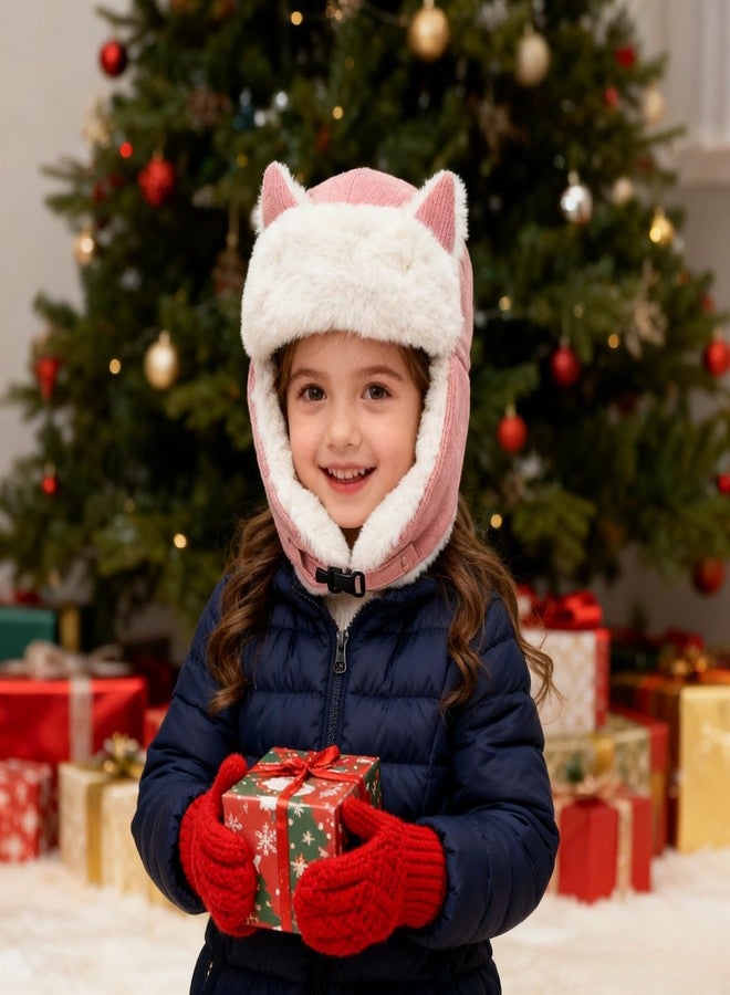 PURFUN Kids Fuzzy Faux Fur Trapper Hats with Cat Ear, Girls Boys Warm Cozy Earflap Hats Ushanka Russian Hat Windproof Thermal Winter Camping Cycling Ski Full Hood Hats Skull Caps for 3-8 Yrs Pink - Image 3