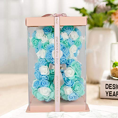 ASENVER Hand Made Artificial Flowers Rose Bear Pure Color for Valentine Birthday and Mother's Day with a 10" Pink Gift Box (Grey Bow-Tricolor Flower) - Image 2