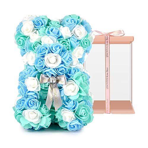 ASENVER Hand Made Artificial Flowers Rose Bear Pure Color for Valentine Birthday and Mother's Day with a 10" Pink Gift Box (Grey Bow-Tricolor Flower) - Image 1