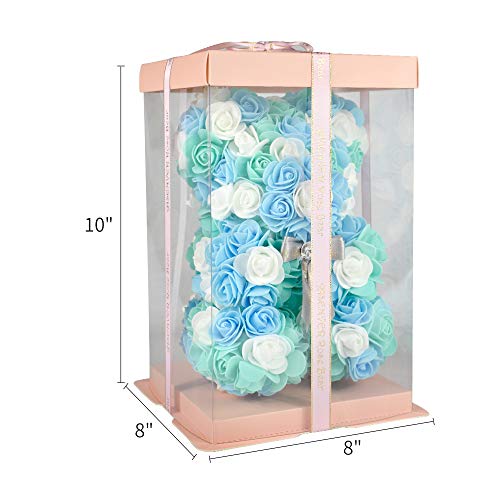 ASENVER Hand Made Artificial Flowers Rose Bear Pure Color for Valentine Birthday and Mother's Day with a 10" Pink Gift Box (Grey Bow-Tricolor Flower) - Image 3