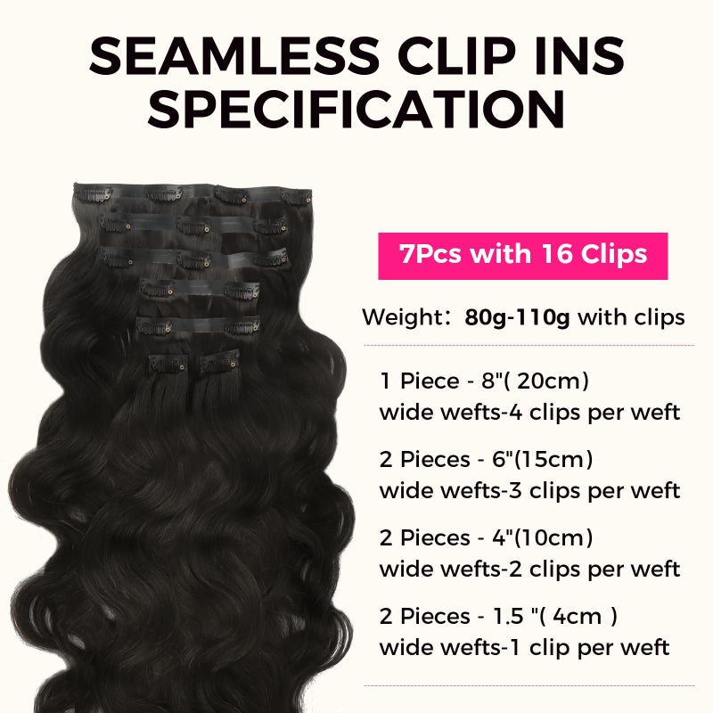 Lashey Seamless Clip in Hair Extensions Remy Human Hair Extensions, 110g 7pcs Body Wave Natural Black Clip in Hair Extensions 100% Real Soft Human Hair Natural Black Human Hair Extensions 14 Inch - Image 2