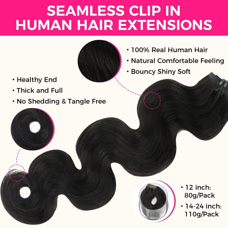 Lashey Seamless Clip in Hair Extensions Remy Human Hair Extensions, 110g 7pcs Body Wave Natural Black Clip in Hair Extensions 100% Real Soft Human Hair Natural Black Human Hair Extensions 14 Inch - Image 3