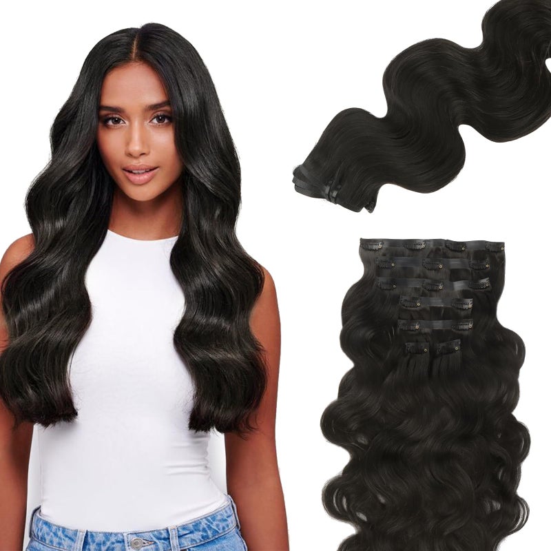 Lashey Seamless Clip in Hair Extensions Remy Human Hair Extensions, 110g 7pcs Body Wave Natural Black Clip in Hair Extensions 100% Real Soft Human Hair Natural Black Human Hair Extensions 14 Inch - Image 1