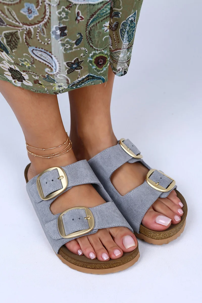 Manijero Manijero Irene Genuine Leather Double Buckle Grey Slippers