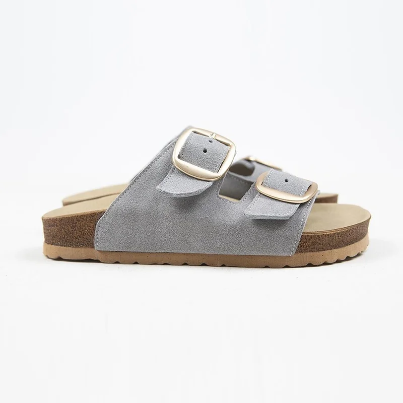 Manijero Manijero Irene Genuine Leather Double Buckle Grey Slippers