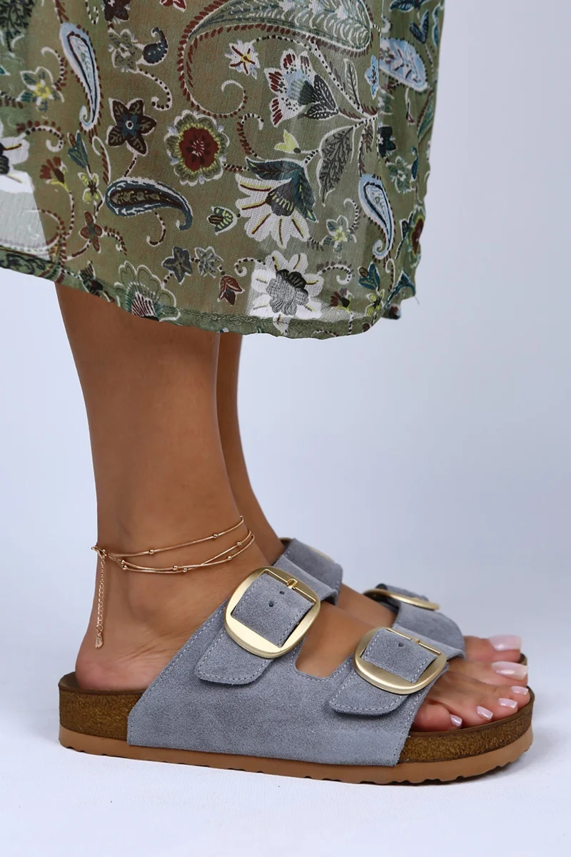 Manijero Manijero Irene Genuine Leather Double Buckle Grey Slippers
