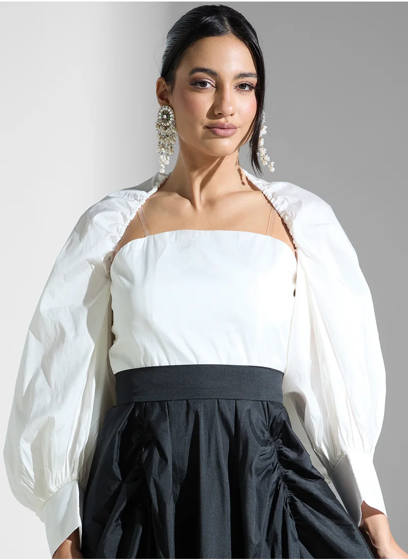 ايرا Puff Sleeve Color Block Satin Dress