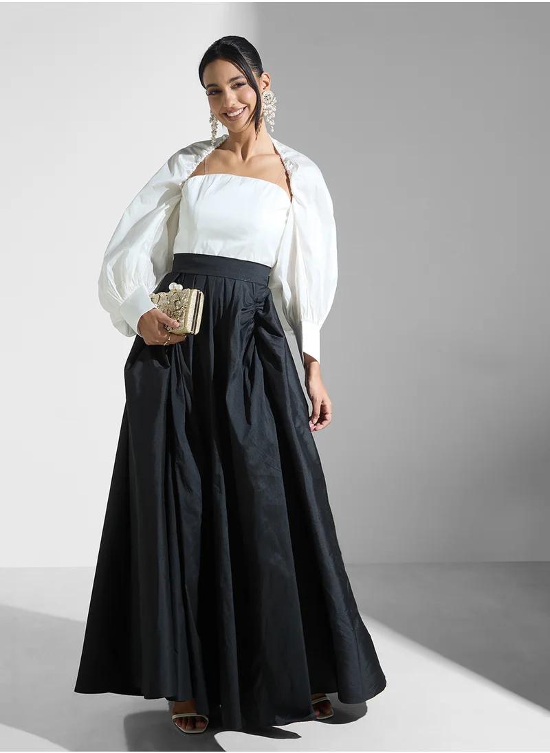 ايرا Puff Sleeve Color Block Satin Dress