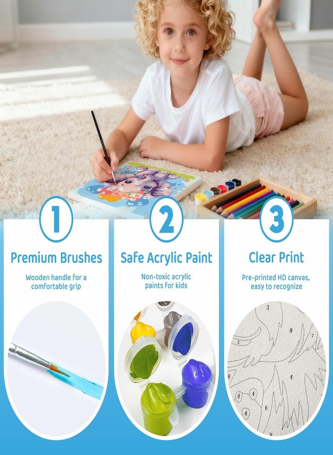Nariolar 4 Pack Paint by Numbers Kit for Kids Ages 4-8 with 8X8 inch Pre-Printed Canvas,Acrylic Paint Pots and 6 Painting Brushes，Creative Gifts for Kids（Rainbow Unicorn - Image 4