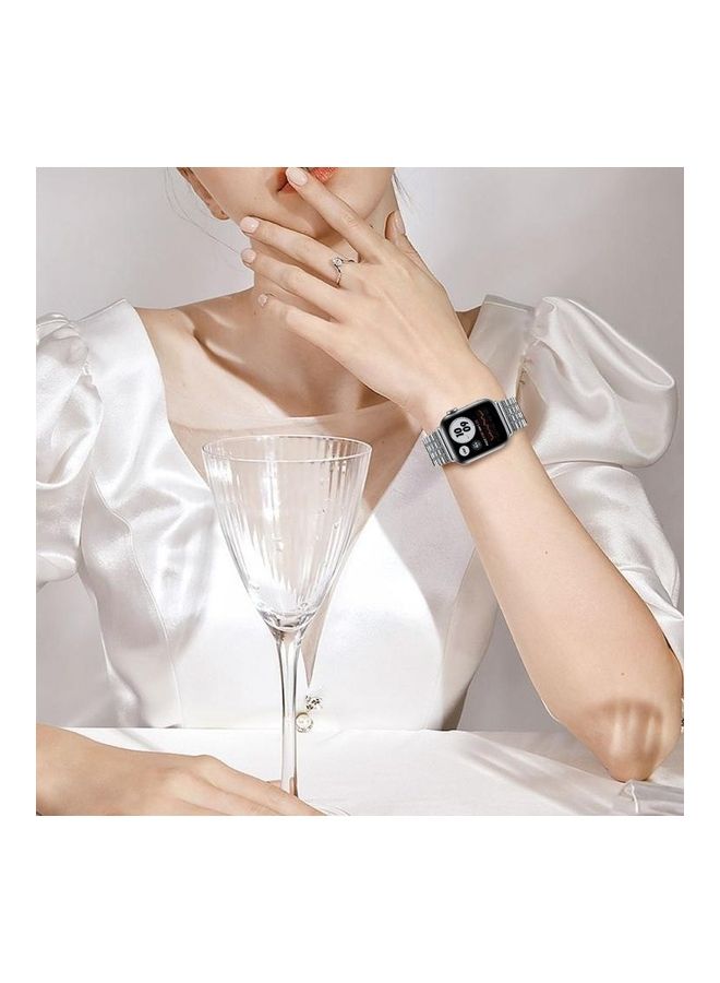 NIBEMINENT Seven-Beads Double Safety Buckle Steel Replacement Strap Watchband For Apple Watch Series 7/6/SE/5/4/3/2/1 41/40/38mm Silver - Image 5