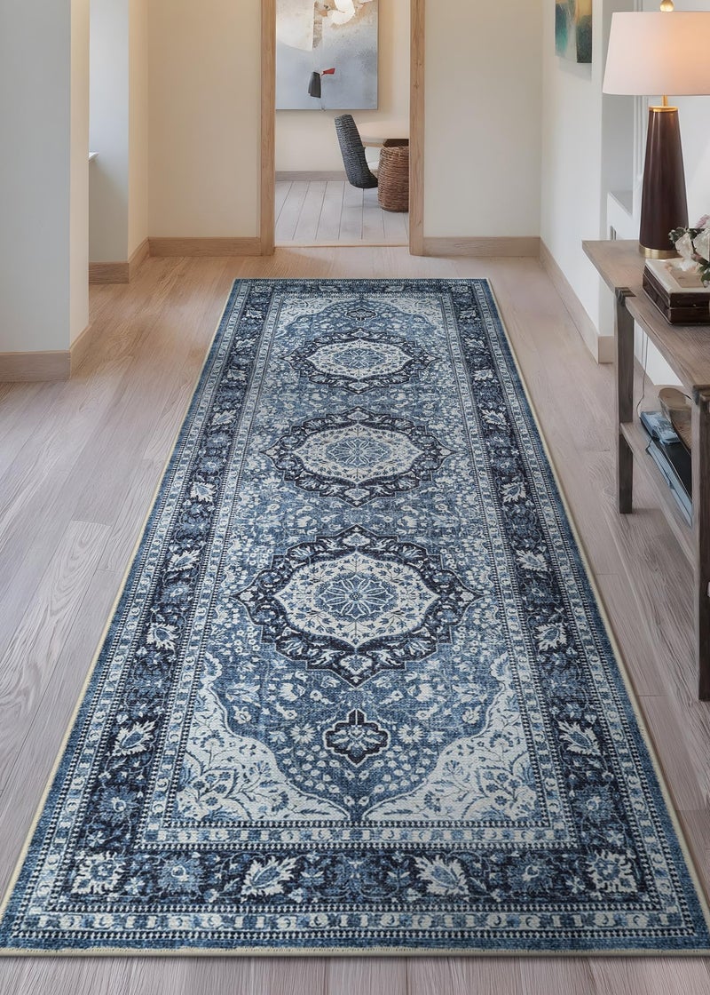 Bloom Rugs Caria Washable Non-Slip 10 ft Runner - Blue Traditional Runner for Entryway, Hallway, Bathroom, and Kitchen - Exact Size: 2'6" x 10' - Image 2