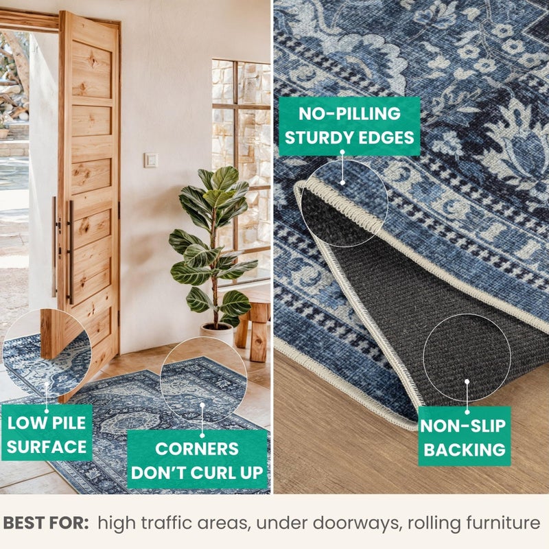Bloom Rugs Caria Washable Non-Slip 10 ft Runner - Blue Traditional Runner for Entryway, Hallway, Bathroom, and Kitchen - Exact Size: 2'6" x 10' - Image 4