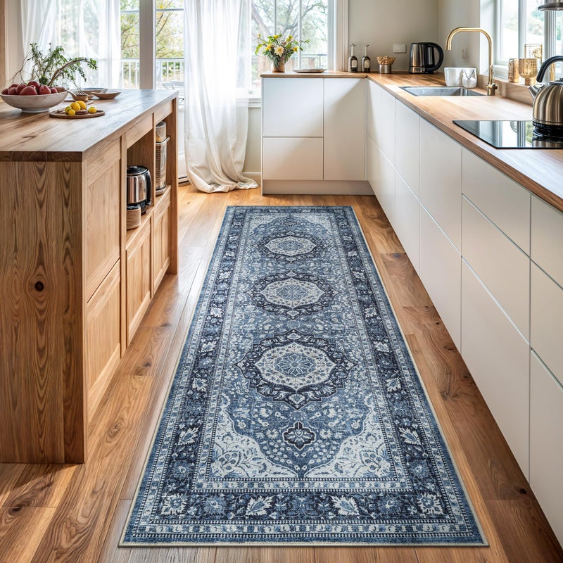 Bloom Rugs Caria Washable Non-Slip 10 ft Runner - Blue Traditional Runner for Entryway, Hallway, Bathroom, and Kitchen - Exact Size: 2'6" x 10' - Image 1