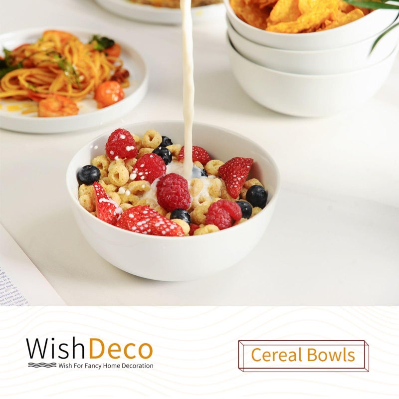 WishDeco Cereal Bowls Set of 4, White Soup Bowls 20 oz, Ceramic Breakfast Bowl 6 Inch, Kitchen Bowl for Salad, Pasta, Ramen, Oatmeal, Noodle, Rice, Microwave and Dishwasher Safe - Image 2