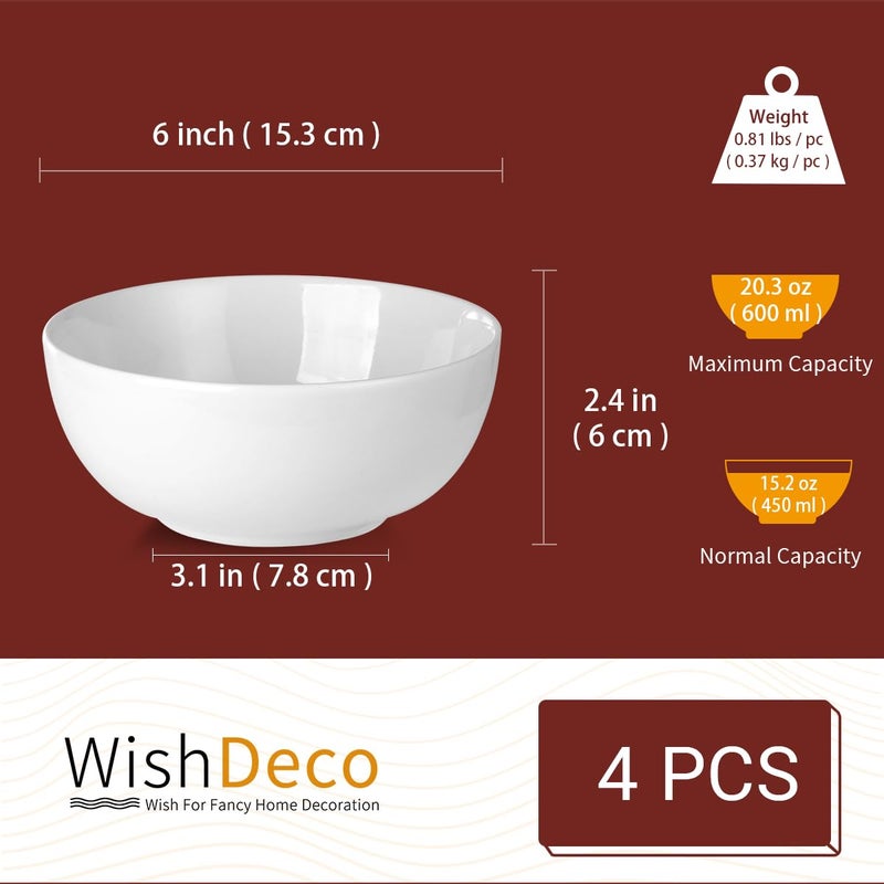 WishDeco Cereal Bowls Set of 4, White Soup Bowls 20 oz, Ceramic Breakfast Bowl 6 Inch, Kitchen Bowl for Salad, Pasta, Ramen, Oatmeal, Noodle, Rice, Microwave and Dishwasher Safe - Image 3
