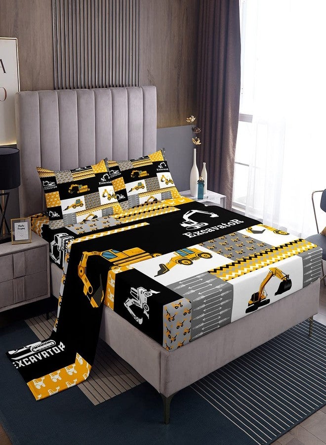 Feelyou Excavator Sheets with Deep Pocket Fitted Sheet Construction Vehicles Sheet Set Equipment Trucks Bed Sheets Set for Kids Boys Girls Cartoon Car Bedding Set Geometric Lattice Bed Set Full Size - Image 1