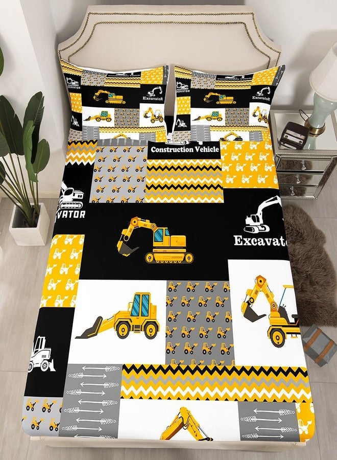 Feelyou Excavator Sheets with Deep Pocket Fitted Sheet Construction Vehicles Sheet Set Equipment Trucks Bed Sheets Set for Kids Boys Girls Cartoon Car Bedding Set Geometric Lattice Bed Set Full Size - Image 2
