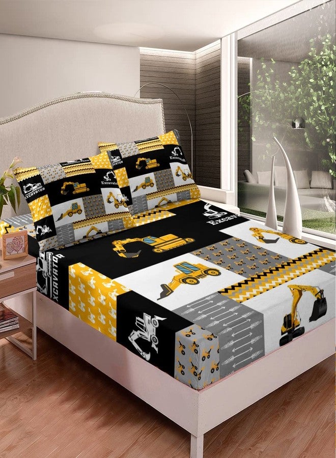 Feelyou Excavator Sheets with Deep Pocket Fitted Sheet Construction Vehicles Sheet Set Equipment Trucks Bed Sheets Set for Kids Boys Girls Cartoon Car Bedding Set Geometric Lattice Bed Set Full Size - Image 3