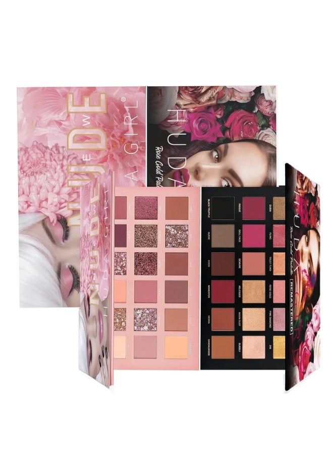 HUDA GIRL Beauty Rose Gold Remastered + Nude Edition Eyeshadow Palette Combo Kit - 36 Matte and Shimmer Finishes, Includes Black Eyeshadow - Complete Eye Shadow Palette Set - Image 1