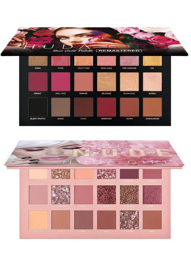 HUDA GIRL Beauty Rose Gold Remastered + Nude Edition Eyeshadow Palette Combo Kit - 36 Matte and Shimmer Finishes, Includes Black Eyeshadow - Complete Eye Shadow Palette Set - Image 3
