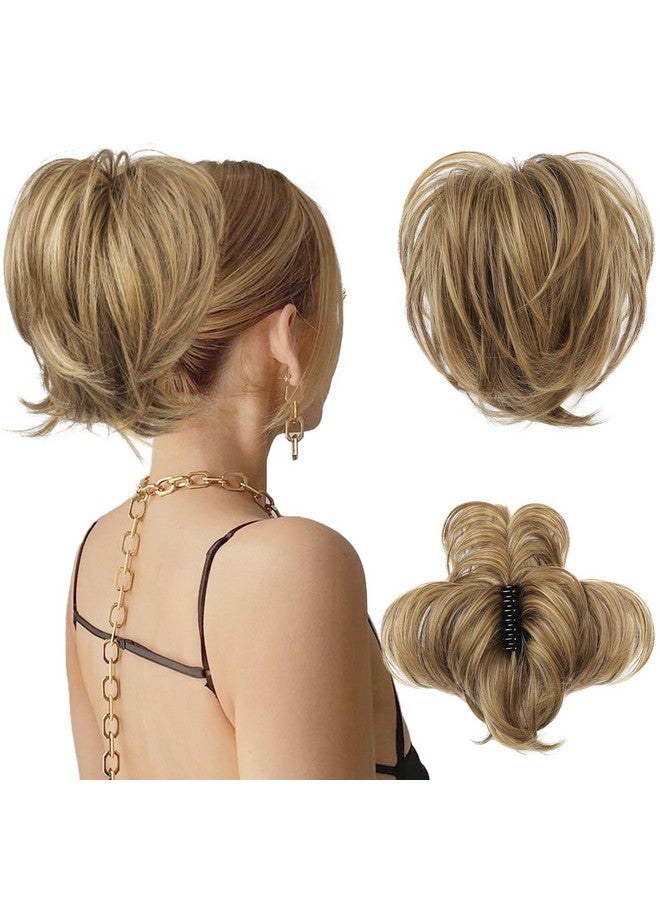 HOOJIH Messy Bun Hair Piece Claw Clip In Straight Hair Bun 9 Inch Short Ponytail Extension With Bendable Metal Wire Hair Pieces For Women Fake Pony Diy Styles Medium Brown With Blonde Highlights - Image 1