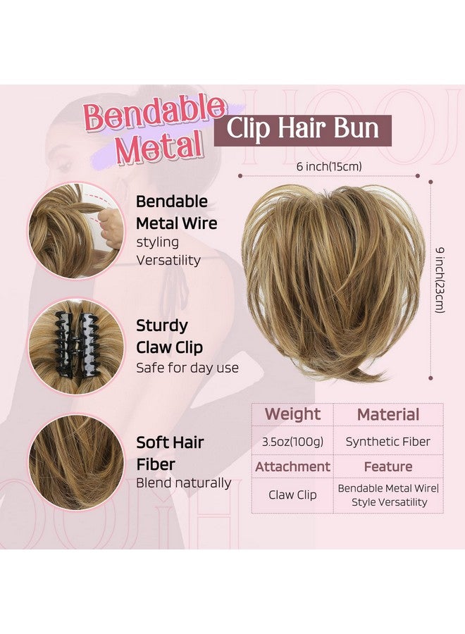 HOOJIH Messy Bun Hair Piece Claw Clip In Straight Hair Bun 9 Inch Short Ponytail Extension With Bendable Metal Wire Hair Pieces For Women Fake Pony Diy Styles Medium Brown With Blonde Highlights - Image 2
