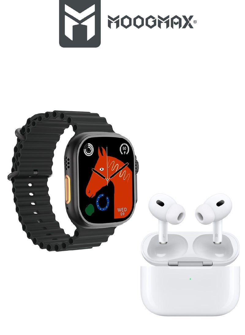 The Smart bundle package 2-in-1, Ultra smart watch 49MM Titanium case, works with gestures, all sports modes, heart and sleep measurements, supports NFC And Airbuds pro2 from Moogmax with noise cancel