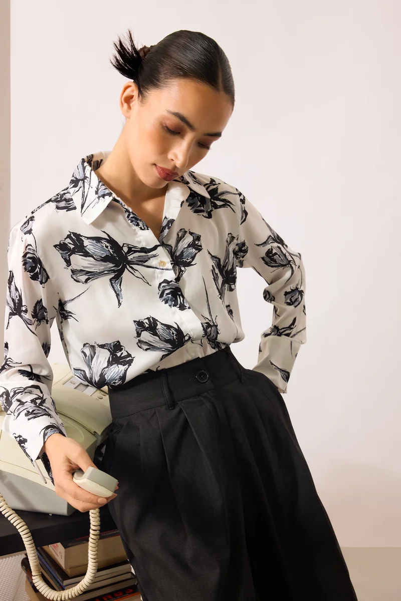 فيرجيو Satin Rescued Workwear Rose Printed Shirts for Women