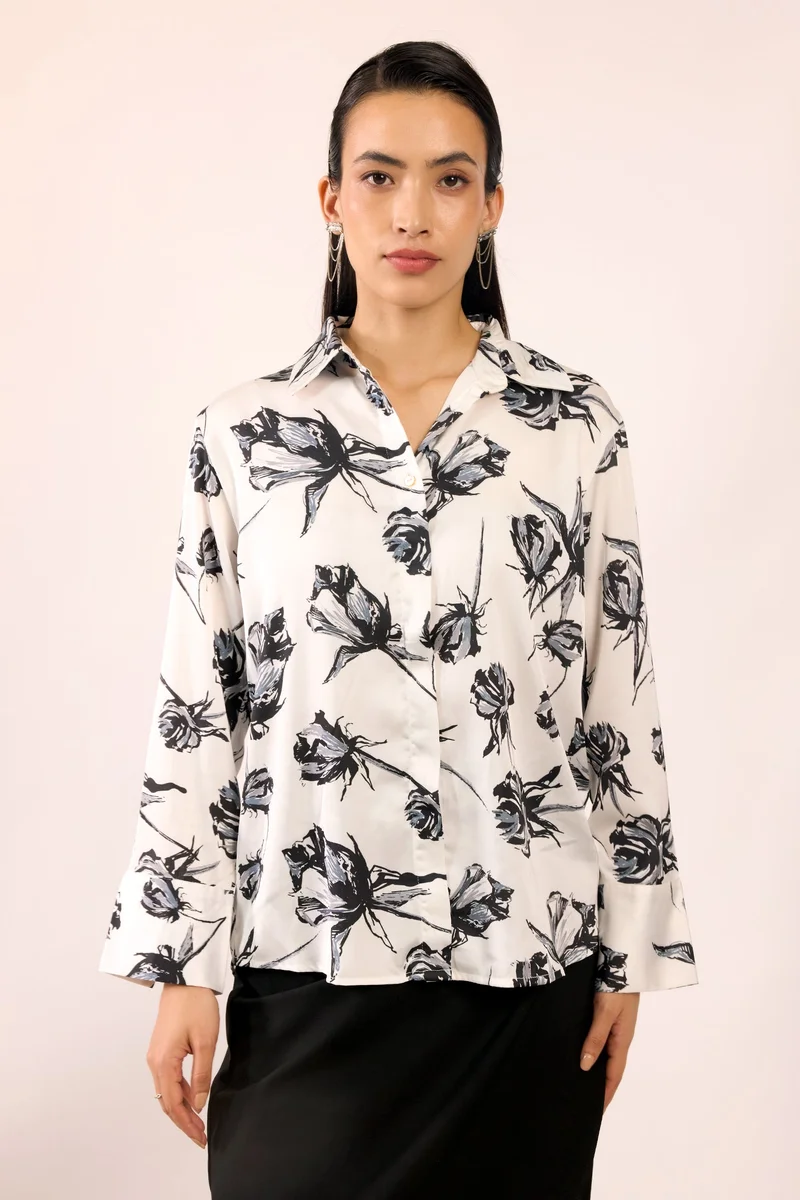 Virgio Satin Rescued Workwear Rose Printed Shirts for Women