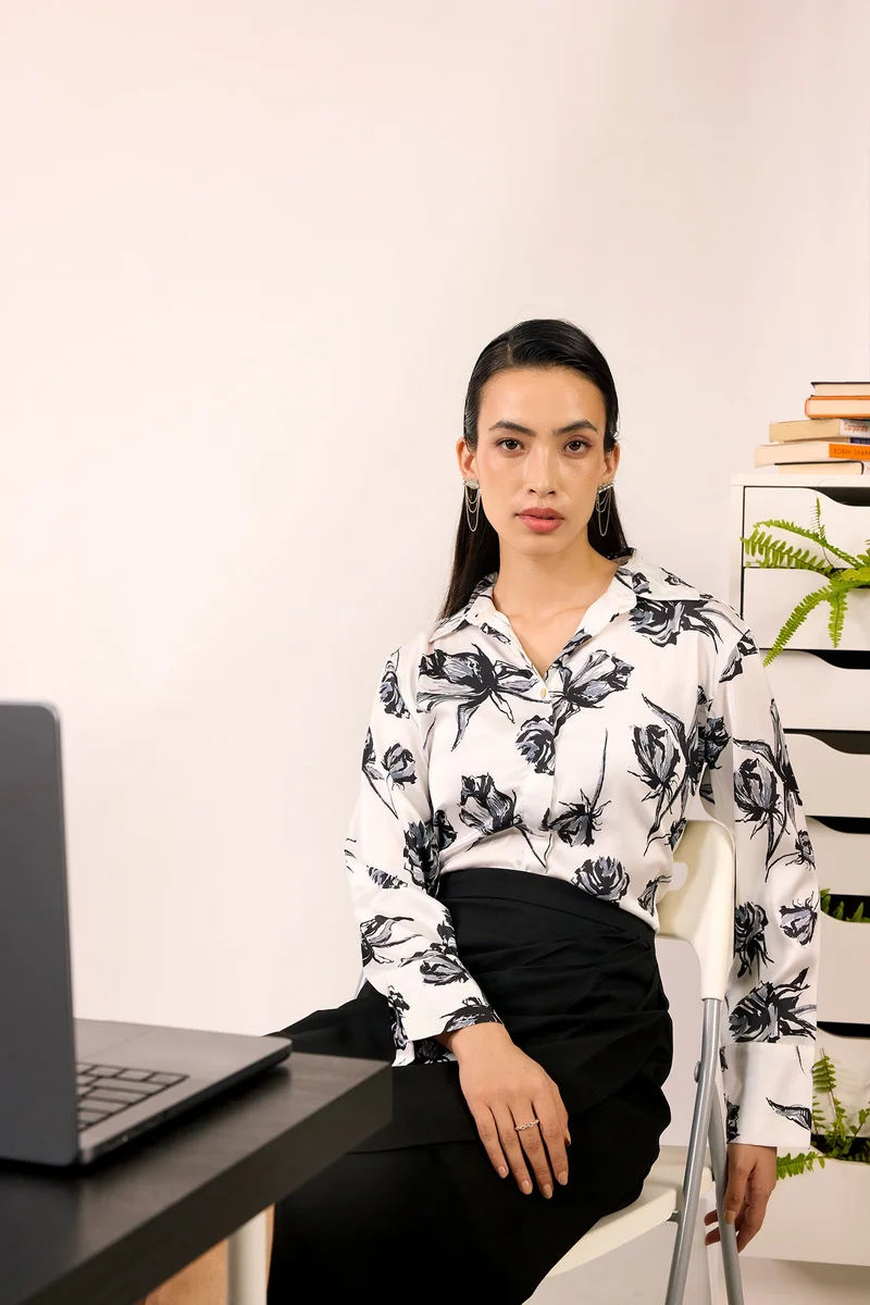Virgio Satin Rescued Workwear Rose Printed Shirts for Women