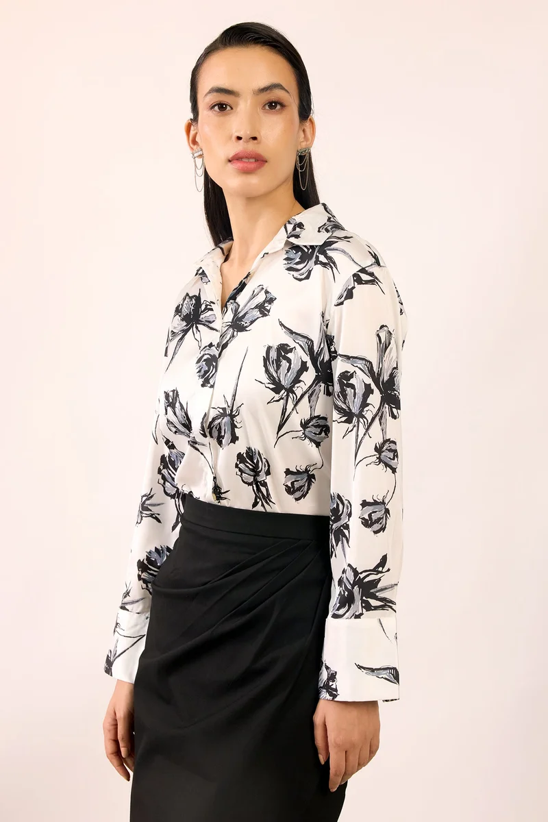 Virgio Satin Rescued Workwear Rose Printed Shirts for Women