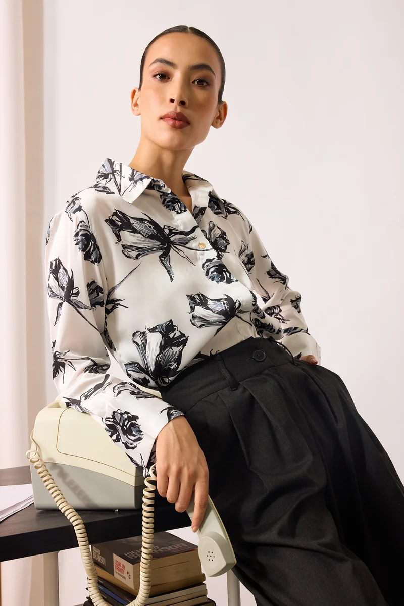 فيرجيو Satin Rescued Workwear Rose Printed Shirts for Women