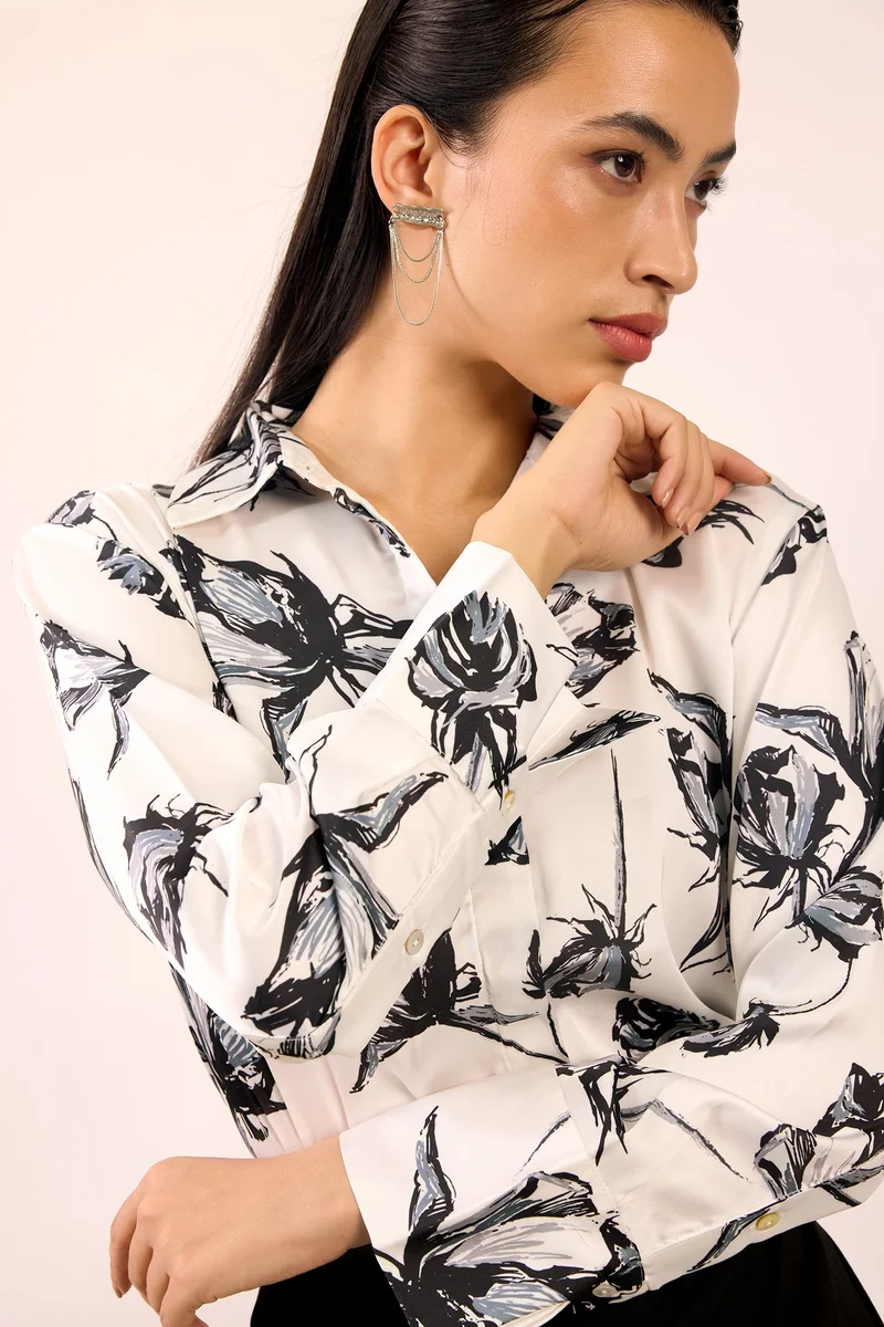 Virgio Satin Rescued Workwear Rose Printed Shirts for Women