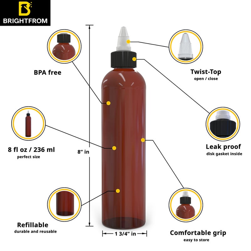 BRIGHTFROM Twist Top Applicator Bottles, 8 OZ, Squeeze Empty Plastic Bottles, Black Nozzle, BPA-Free, PET, Refillable, Open/Close Nozzle - Multi Purpose (Amber) - Image 2
