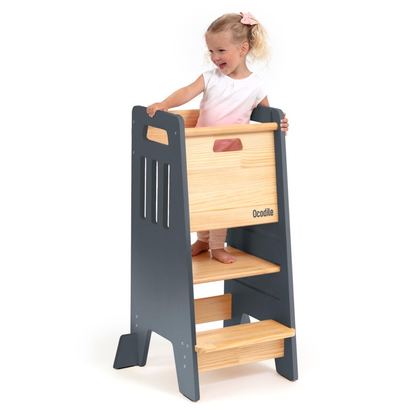 OCODILE Toddler Tower with a Sliding Door and 3 Adjustable Heights - Safe Toddler Kitchen Stool Helper with Support Feet - Updated Design for 18+ Months to 6-Year-Old Kids - Gray - Image 1