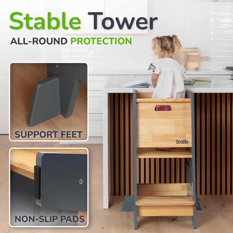 OCODILE Toddler Tower with a Sliding Door and 3 Adjustable Heights - Safe Toddler Kitchen Stool Helper with Support Feet - Updated Design for 18+ Months to 6-Year-Old Kids - Gray - Image 2