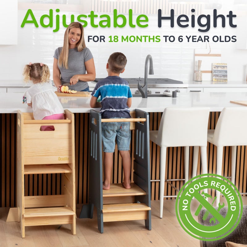 OCODILE Toddler Tower with a Sliding Door and 3 Adjustable Heights - Safe Toddler Kitchen Stool Helper with Support Feet - Updated Design for 18+ Months to 6-Year-Old Kids - Gray - Image 3