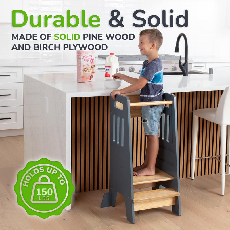 OCODILE Toddler Tower with a Sliding Door and 3 Adjustable Heights - Safe Toddler Kitchen Stool Helper with Support Feet - Updated Design for 18+ Months to 6-Year-Old Kids - Gray - Image 5