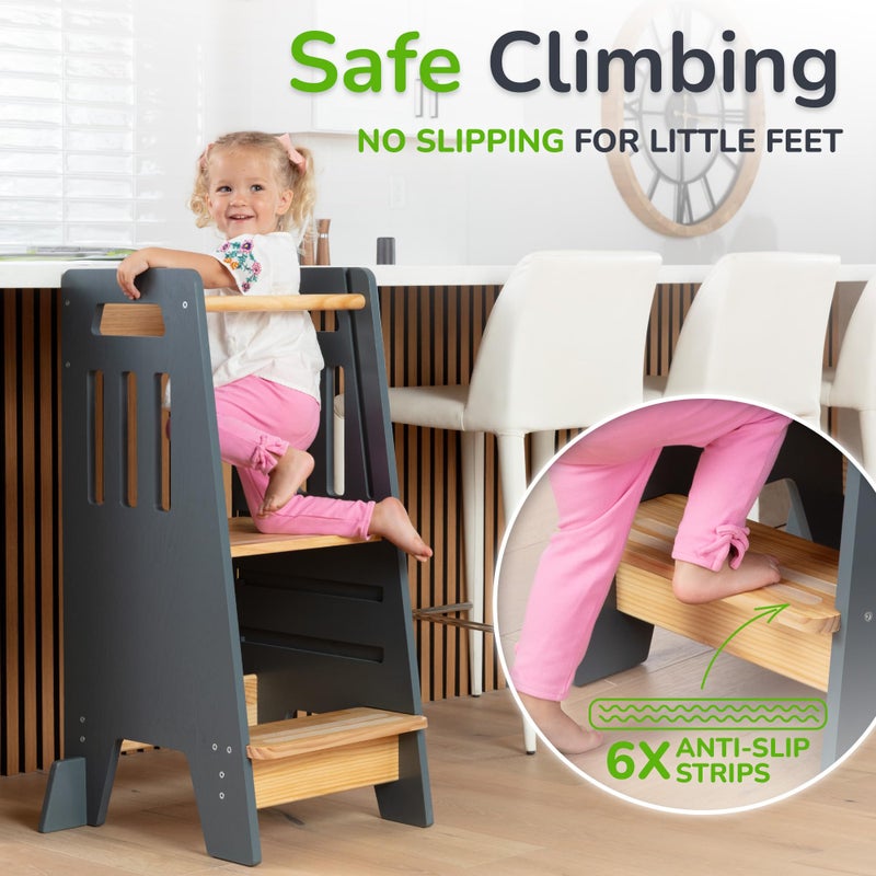 OCODILE Toddler Tower with a Sliding Door and 3 Adjustable Heights - Safe Toddler Kitchen Stool Helper with Support Feet - Updated Design for 18+ Months to 6-Year-Old Kids - Gray - Image 4
