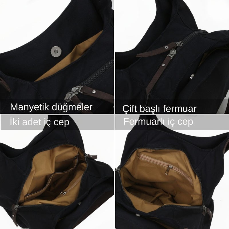 Cappadocia Vintage 3286 Lonia Women's Dark Black Canvas Cotton Daily Shoulder Hand Tote Bag  - Image 3