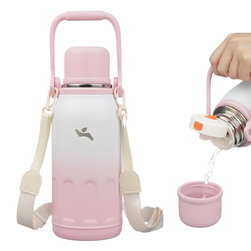 Konokyo Insulated Water Bottle with Handle and Strap,Vacuum Travel Tumbler with Cup Lid,Thermo Coffee Cup for Hot Cold Drinks 40 OZ,Pink Pearl - Image 1