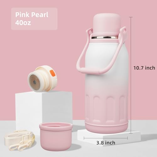 Konokyo Insulated Water Bottle with Handle and Strap,Vacuum Travel Tumbler with Cup Lid,Thermo Coffee Cup for Hot Cold Drinks 40 OZ,Pink Pearl - Image 2