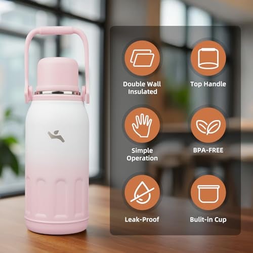 Konokyo Insulated Water Bottle with Handle and Strap,Vacuum Travel Tumbler with Cup Lid,Thermo Coffee Cup for Hot Cold Drinks 40 OZ,Pink Pearl - Image 3
