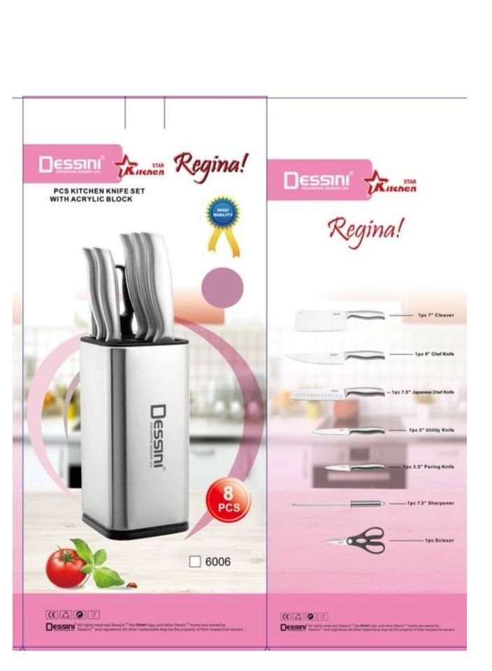 Dessini 8-Piece Knife Set with Acrylic Block 6006 Silver - Image 3