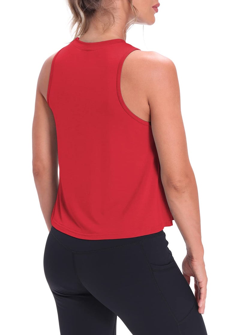 Mippo Cropped Workout Tops for Women Workout Shirts Sleeveless Tank Flowy Loose Crop High Neck Tank Tops Red M - Image 3
